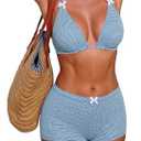 ZAFUL Women's Gingham Bikini Shorts Set, Halter Y2K Boyshort Bikini Two Piece Bathing Suit Shorts Swimsuits for Vacation (Large, Blue Plaid)