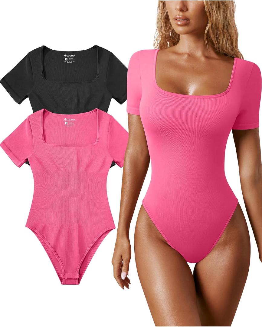 OQQ Women's 2 Piece Bodysuits Sexy Ribbed One Piece Square Neck Short Sleeve Bodysuits (Black Coral) S 