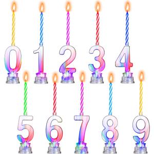 Boao 50 Pcs Birthday Number Candle Set Includes 10 Pcs Multicolor LED Flashing Number Candles with Transparent Shell and 40 Pcs Wax Candles(Colored Candle Style)