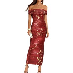 BTFBM Cocktail Dresses for Women 2026 Elegant Classy Off Shoulder Bodycon Mesh Slit Floral Maxi Spring Summer Dress (XXL)