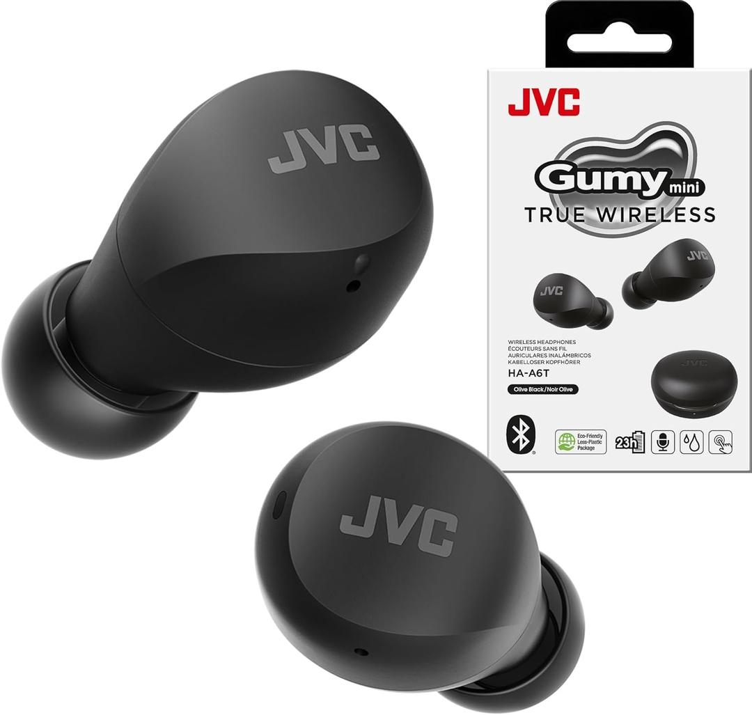 JVC Compact and Lightweight Gumy Mini True Wireless Earbuds Headphones, Long Battery Life (up to 23 Hours), Sound with Neodymium Magnet Driver, Water Resistance (IPX4) - HAA6TB (Black)