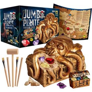 Jumbo Pirate Dig Kit - Dig up 12 Pirate Treasures, Gemstones, Gold Coins - Pirate Toys for Kids - Great Birthday Party Supplies, Gifts Idea for Boys & Girls - Includes Treasure Chest