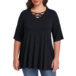LARACE Elbow Sleeve Cross-Tie V-Neck Plus Size Tops for Women's Half Sleeves Tunic Shirts Blouse Spring Summer Fall Clothes (Black, XXXL)