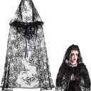 Witch Black Hooded Cloak for Women Gothic Lace Snake Pattern Short Sheer Cape for Vampire Cosplay Costume