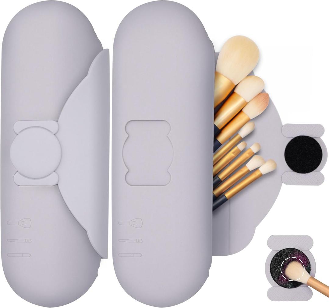 Silicone Makeup Brush Holder with Cleaning Pad - Travel Brush Organizer Case, Magnetic Closure Waterproof Cosmetic Bag for Easy Storage & On-the-Go Cleaning (9.05 Inch) (Purple)