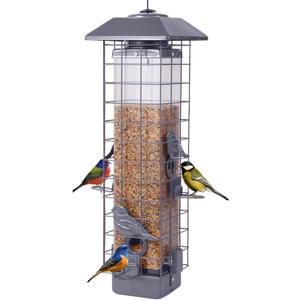 Squirrel Proof Bird Feeder, Metal Mesh Bird Feeder for Outside, Large Capacity and 4 Ports Perches (Silver Gray)