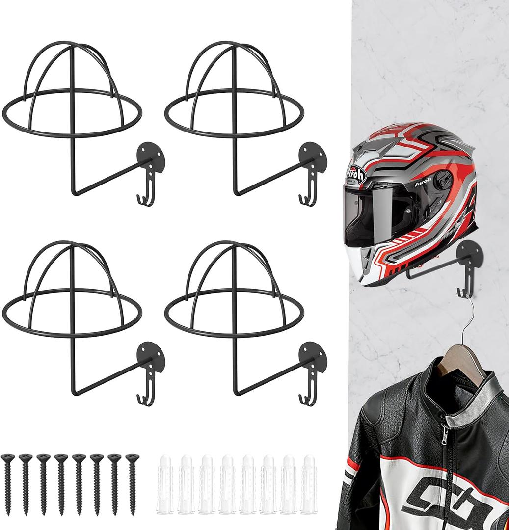 Helmet Holder Wall Mount, 4 Pack Metal Motorcycle Helmet Holder with Hooks Multifunctional Helmet Storage Rack for Helmets, Hats, Jackets