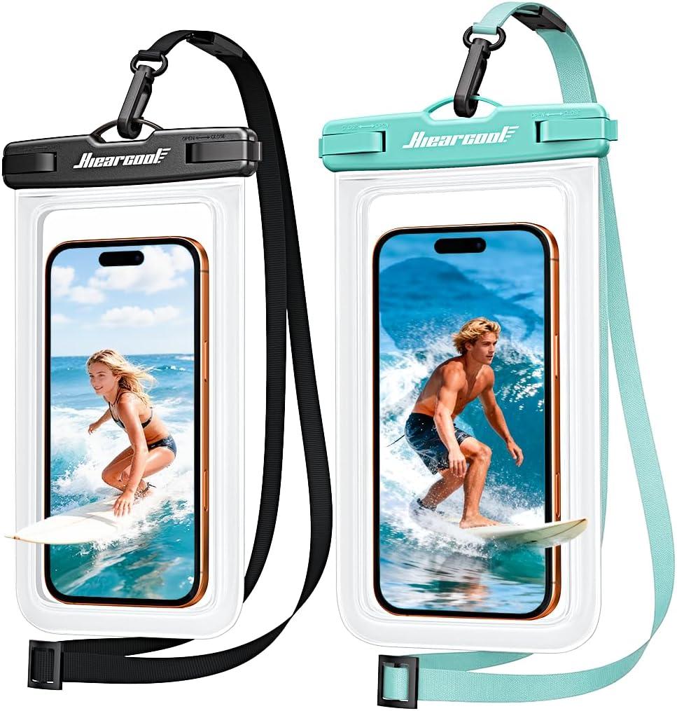 Hiearcool Waterproof Phone Pouch 2 Pack, IPX8 Dry Bag with Lanyard, Touch Screen Compatible for iPhone 17/16/15/14/13 Pro Max, Beach Swimming Cruise Travel-Clear & Mint Green