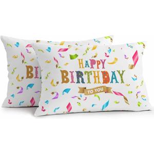 Set of 2 Happy Birthday Outdoor Waterproof Pillow Covers 12x20 Outdoor Pillows Colorful Ribbon Celebration Decorative Cushion Cases Throw Pillowcases for Patio Furniture,Garden,Porch,Couch Decor (Multicolor)