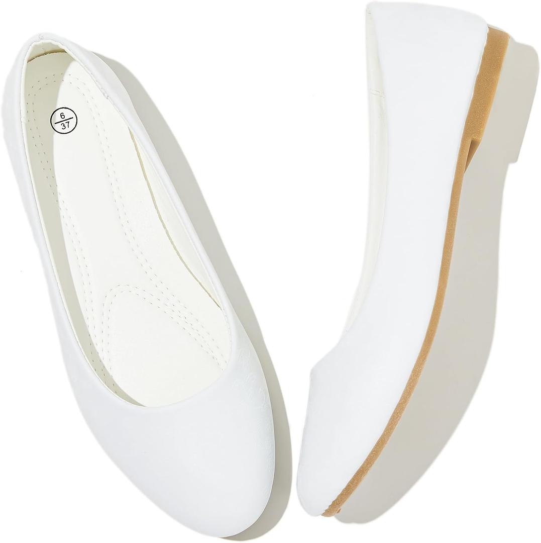 MEFOUND Women's Ballet Flats Shoes Comfortable PU Leather Dress Slip on Shoes Teacher Business Casual (White Embroidery.US7.5)