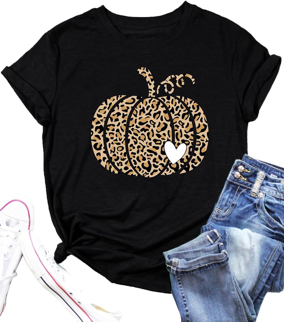Hello Fall Shirts for Women Leopard Pumpkin Graphic T-Shirts Funny Thanksgiving Gifts Tee Tops (XX-Large, Black)