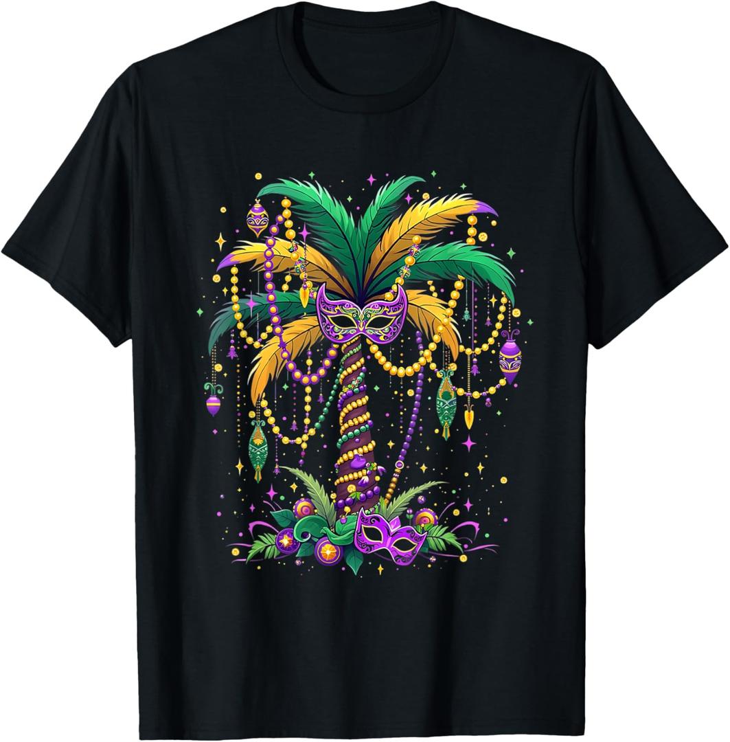 Mardi Gras Palm Tree Hawaiian Tropical Party Men Women Kids T-Shirt (4XL, Black)