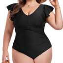 ZOMVA Plus Size Womens Swimsuit One Piece Tummy Control Bathing Suit Ruffle Sleeve Full Coverage Swimwear (3X-Large Plus, Black)