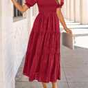 PRETTYGARDEN Women's 2025 Summer Casual Midi Dresses Square Neck Short Sleeve Smocked A Line Floral Flowy Elegant Boho Dress (Red, S)