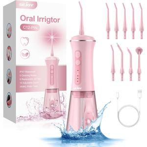 Sejoy Water Flosser for Teeth Cleaning and Flossing, Tooth Flosser Electric Cordless Portable Water Dental Flosser, 350ML 5 Modes 9 Jet Tips, for Daily Oral Care, Pink