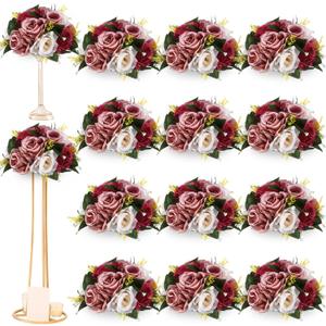 Hotop 12 Pcs Flower Balls Wedding Rose Centerpieces Silk Flower Kissing Balls Arrangement Artificial Hydrangea Flower Bouquet Faux Rose Floral Decoration (Burgundy, Dusty Pink, Creamy White)
