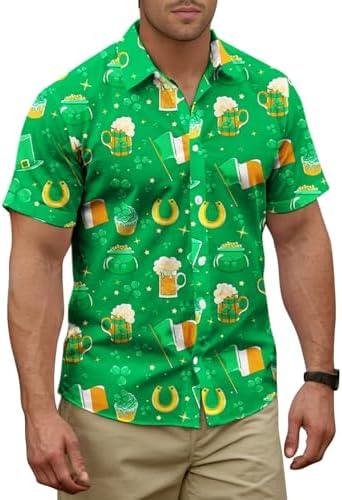 Yoimira Hawaiian Shirts for Men, Print Mens Casual Short Sleeve Button Down Shirts Floral Aloha Beach Shirt, (XXL, Clover and Beer-green)