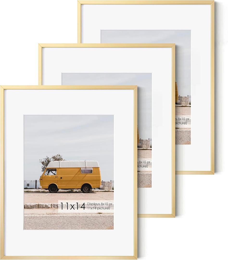 11x14 Picture Frame- 11x14 Aluminum Photo Frame with 8x10 Mat, High-Definition Plexiglass Front, and Hanging Hardware - Ideal for Wall or Tabletop Display - Premium Metal Frame Collection, Gold,3 Pack