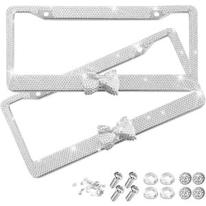 Bling Car License Plate Frame for Women, 2PCS Crystal Rhinestone Stainless Steel Vehicle Plate Holder, Glitter Diamond Sparkly Auto Plate Cover Accessories, Universal Fit (White/White Bow)