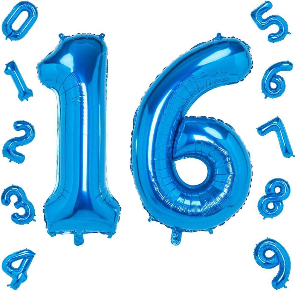 Blue 16 Number Balloon 40 Inch Jumbo Foil Mylar Balloons for Birthday Party Decorations, Anniversary Supplies, Helium-Ready Giant Digital Balloons with Ribbon (16th birthday balloons)