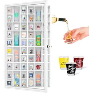 Shot Glass Display Cabinet Solid Wood - Large Display Case for Collectibles | Man Cave Accessories | UV Protection Acrylic Door | Wall Mounted Black Shadow Box | 52 Divided Slots | 32"x17"White