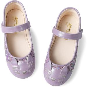 Toddler Girls Dress Shoes Cute Cat Embroidered Mary Jane Glitter Ballet Flats Flower Girl Shoes for School Party Wedding (Size 29, Purple Glitter)
