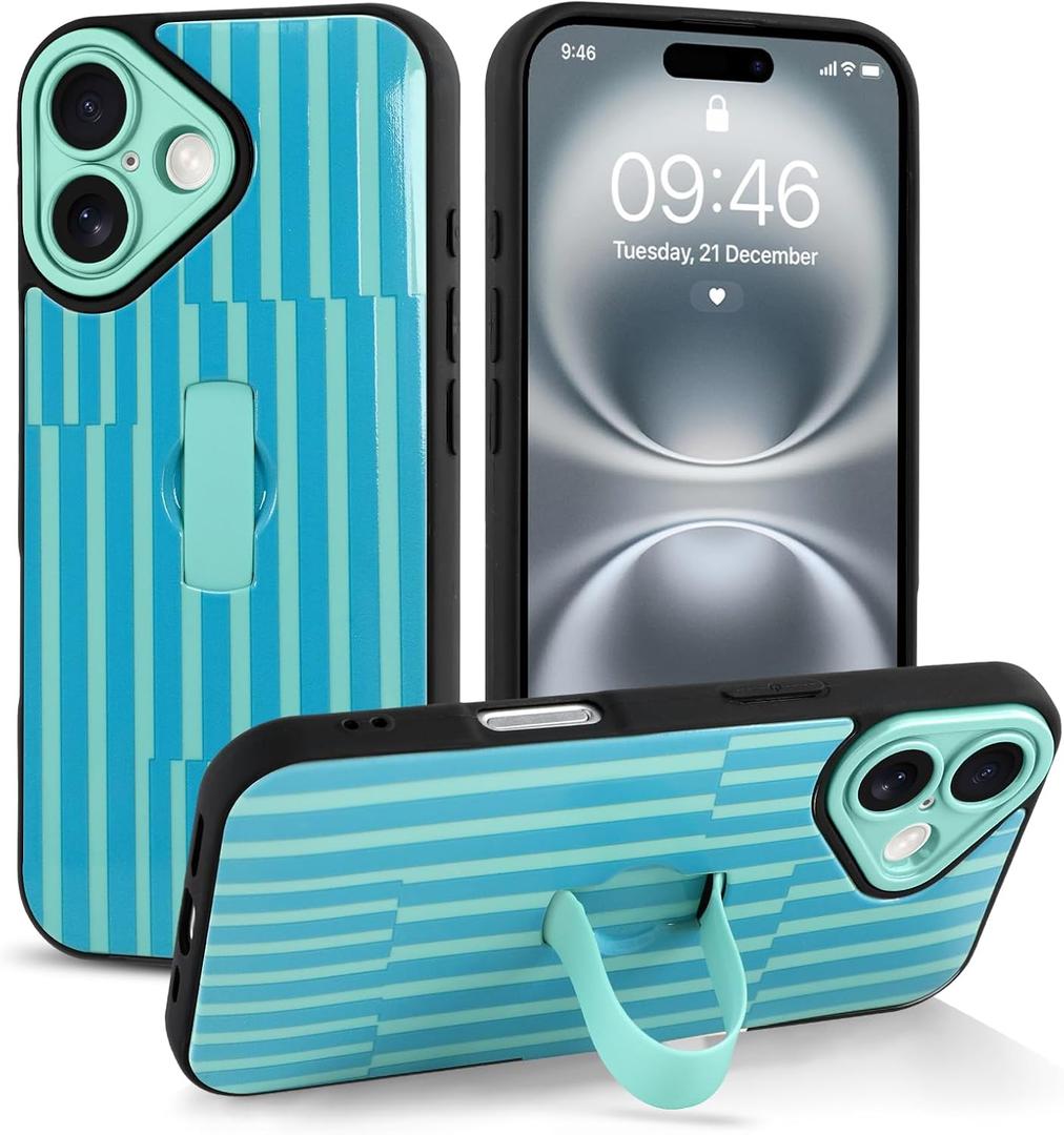 for iPhone 16 Case with Finger Hand Strap Kickstand, Trendy Cool Striped Phone Case for Women Men, Full Camera Protection Shockproof Protective Cover, Blue Stripes