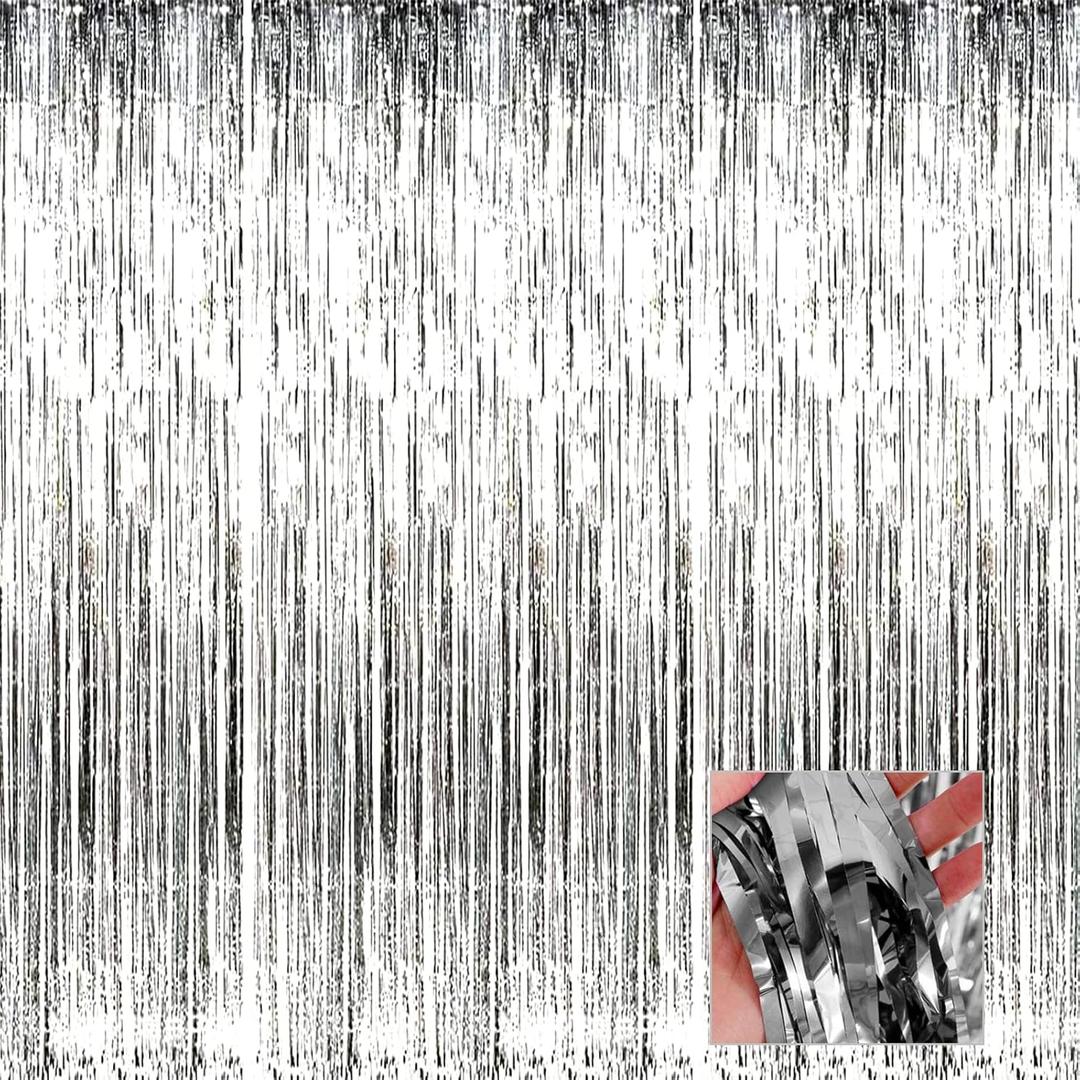 4 Pack Silver Foil Fringe Curtain Backdrop, 3.28Ft x 6.56Ft Metallic Tinsel Foil Fringe Streamers Curtains for Photo Booth, Wedding, Thanksgiving, Birthday, Christmas, Halloween Party Decoration