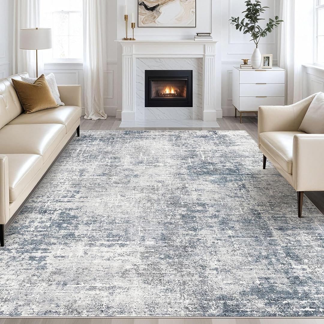 Kakania Abstract 9x12 Area Rugs for Living Room: Washable Rugs Blue Grey | Soft, Non-Slip, Low-Pile, Pet & Kid Friendly - Large Modern Home Decor Carpet for Bedroom/Dining Room/Office/Nursery