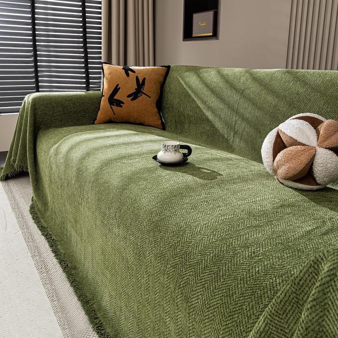 Nobildonna Chenille Couch Cover for Sofa Cover Washable Pet Scratch Couch Covers Tassel Sofa Slipcover for 3 Cushion Couch Furniture Protector Couch Cover Blanket for Living Room,Green 71"x134"