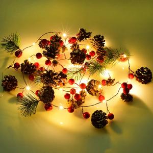 DearHouse 6.7FT Christmas Pine Cone Garland with Lights, 20 LED Red Berry Battery Operated, Christmas Decorations for Home, Fireplace Garland