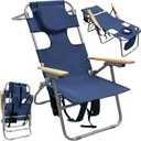 16" Tall Backpack Beach Tanning Chair with Camping Stool for Adults, Heavy Duty 5-Position Folding Beach Chair with Face Hole 265LBS Navy