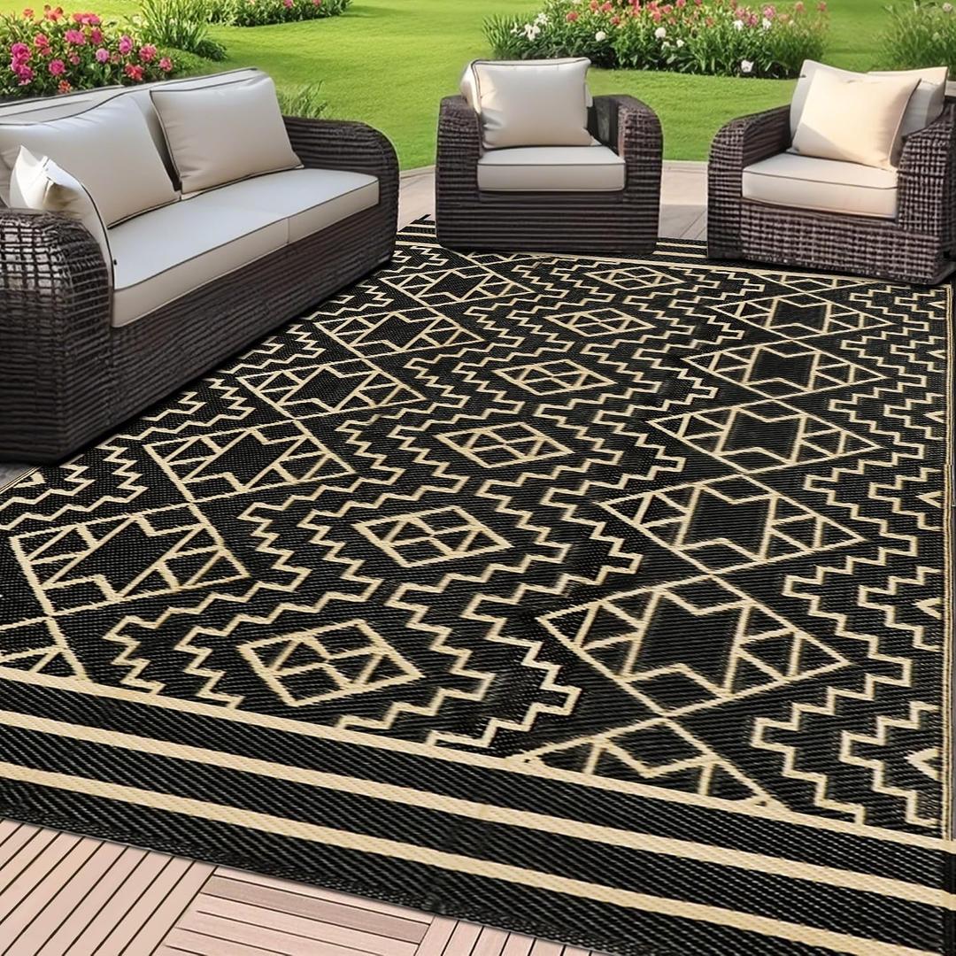 SAND MINE Reversible Mats, Plastic Straw Rug, Modern Area Rug, Large Floor Mat and Rug for Outdoors, RV, Patio, Backyard, Deck, Picnic, Beach, Trailer, Camping (9' x 18', Black & Beige)