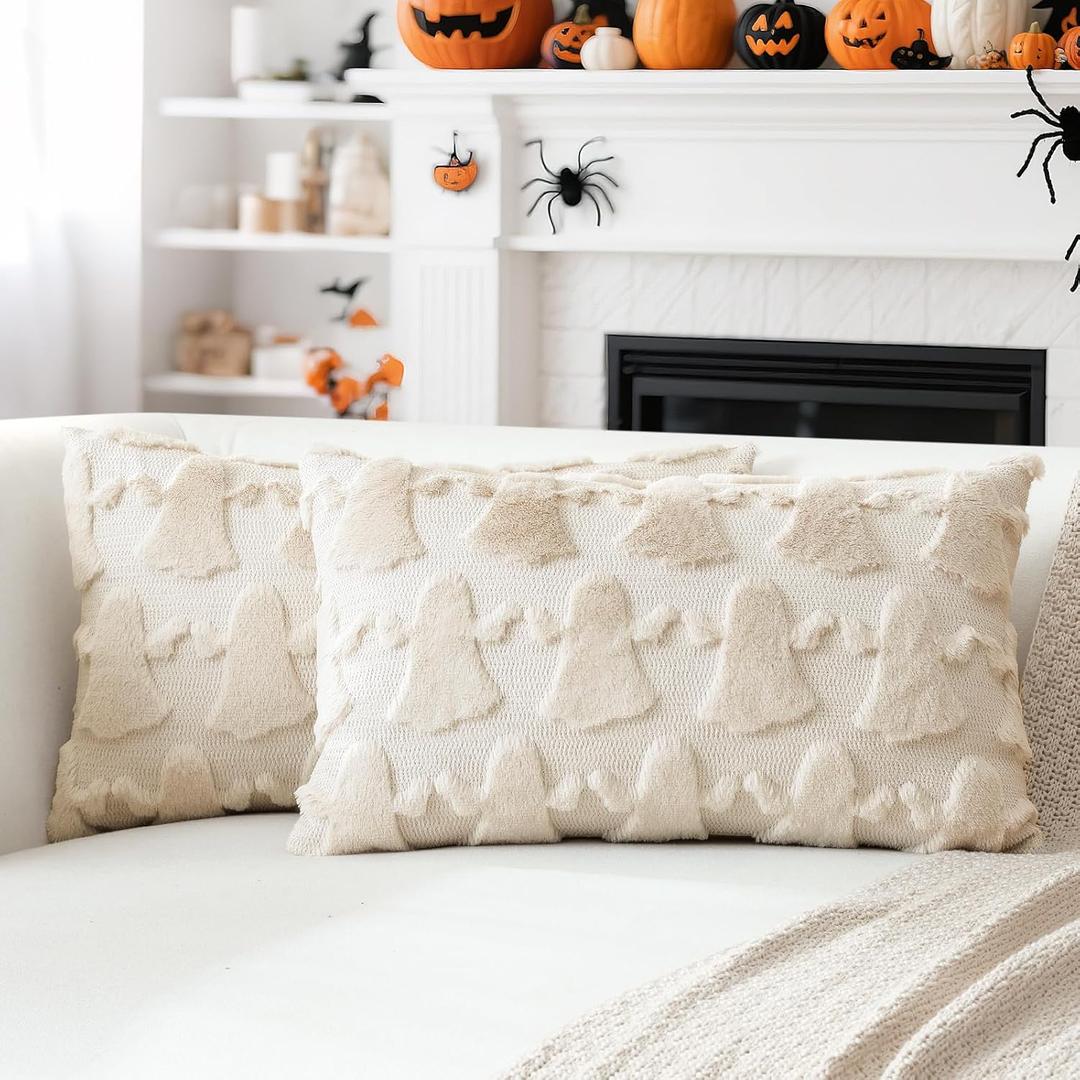 OTOSTAR Set of 2 Ghost Pillow Covers Halloween Throw Pillow Covers for Sofa Couch Bed Living Room Soft Plush Short Wool Velvet Farmhouse Throw Pillow Covers for Thanksgiving Cream Beige 16x24 Inch