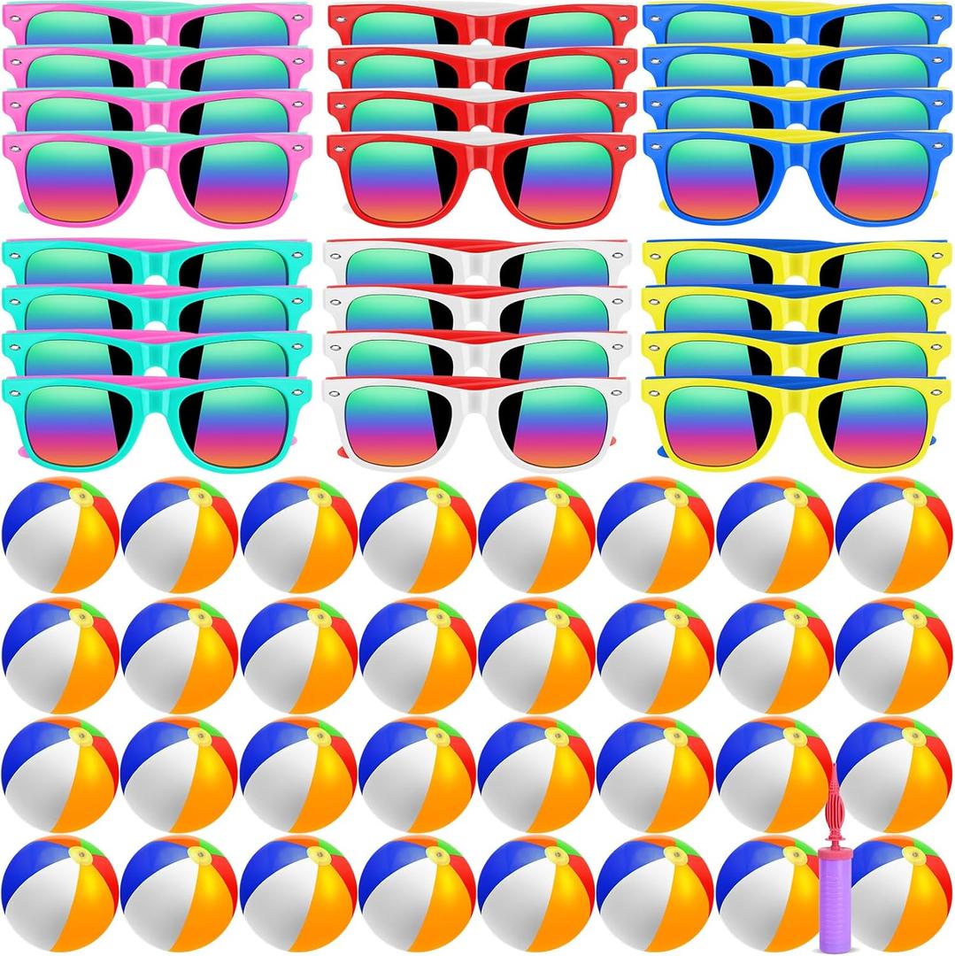 60 Pcs Kids Summer Beach Party Favors Sets- Includes 30 Inflatable Beach Balls Bulk, 30 Neon Sunglasses Bulk, Rainbow Colored Beach Ball Summer Pool Party Toys for Water Games Hawaiian Party