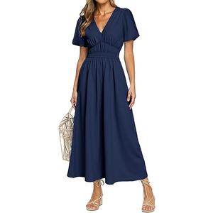 Simplee Women's Summer Boho Maxi Dress Casual V Neck Puff Sleeve Wedding Guest Dress Flowy Linen Beach Dresses, Size XL