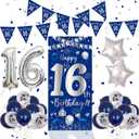 16th Birthday Decorations for Boys Girls, Blue Silver Happy 16th Birthday Decorations Door Banner 32" Number 16 Foil Balloon 33PCS Balloons Triangle Flag Sweet 16 Year Old Birthday Party Sign Supplies