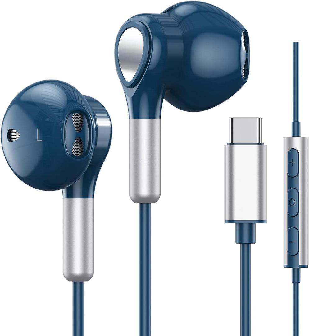 USB C Headphones for Samsung Galaxy S24 S23 Ultra S22 S21 FE S20 A54 A53 USB C Earphones with Mic Volume Control Wired Earbuds USB Type C Headphones for iPhone 16 15 Pro Max Plus iPad Pro Pixel 8 7 6a (Blue)