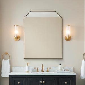 MIRRORART 24x30’’ Scalloped Gold Arched Mirror, Brushed Gold Bathroom Mirror for Vanity, Premium Metal Framed Scalloped Arch Top Rectangle Corner Brass Mirror for Wall, Entryway, Over Sinks, HD Glass