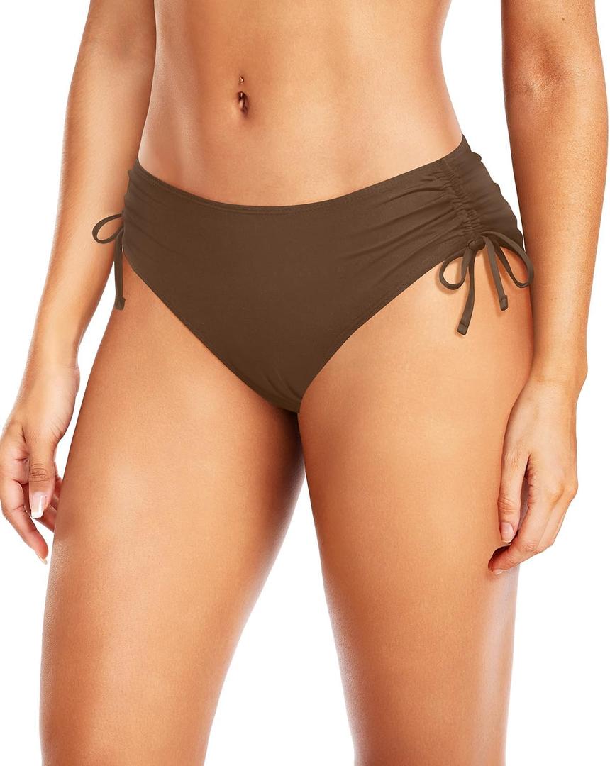 Daci Women Mid Waist Bikini Bottoms - Full Coverage Swim Bathing Suit Bottom Side Tied Swimsuit Bottoms (Brown, L)