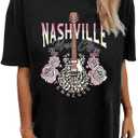 Oversized Rock Band T-Shirt Women Country Music Shirt Tops Nashville Music City T-shirt Vintage Guitar Wings Graphic Tees, M