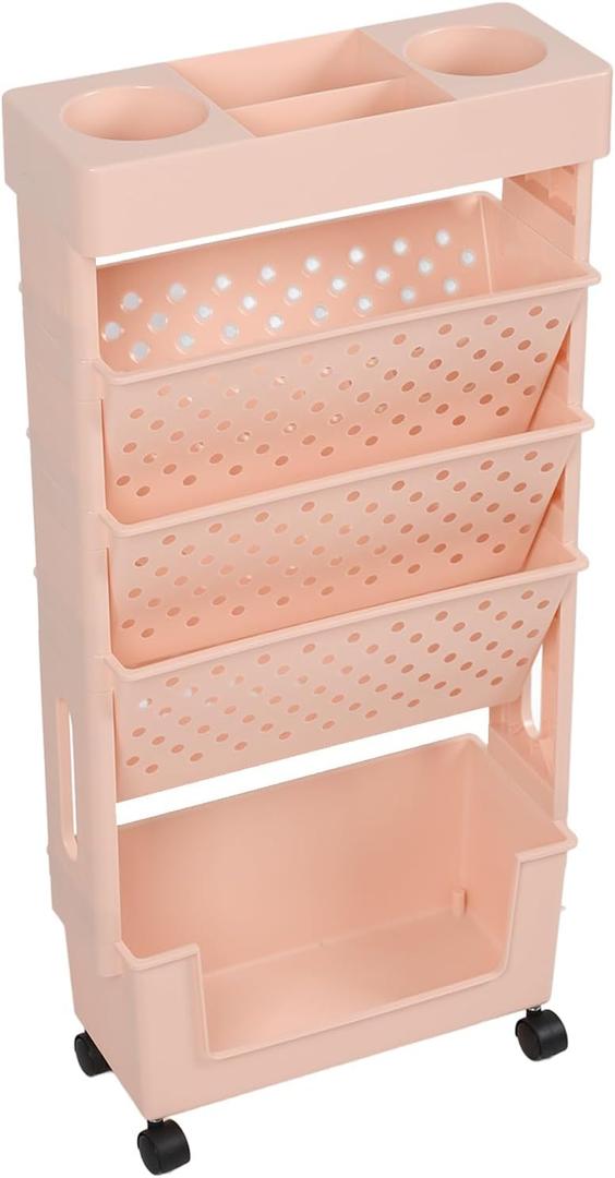 5 Tier Mobile Book Rack Storage Organizer with Wheels Removable and Movable Bookcase for Students Pink Color Home School Organizer