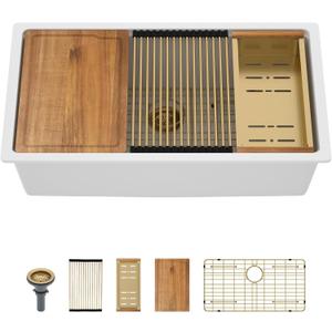 30 White Granite Composite Undermount Kitchen Sink with Luxury Accessories, 30"x19"x10"