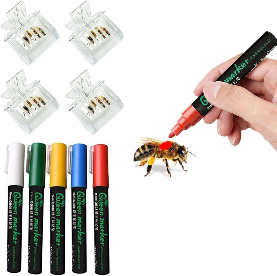 Queen Bee Marking Kit - 5 Standard Colors Marker Pen Set with 4 Clear Plastic Queen Catcher Clips, Safe Gentle Queen Bee for Beekeeping Beginners