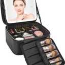 Relavel Travel Makeup Bag With LED Mirror, Cosmetic Train Case with Light up Mirror, Portable Makeup Artist Organizer Bag with Adjustable Dividers, Makeup Brush Holder Storage, Black