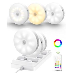 EZVALO Under Cabinet Lighting with Charging Station,1000mAh Rechargeable Puck Lights with Remote, 3 Color Temps & 12 RGB Closet Lights, Dimmable Motion Sensor Lights for Shelf, Kitchen (6 Packs)
