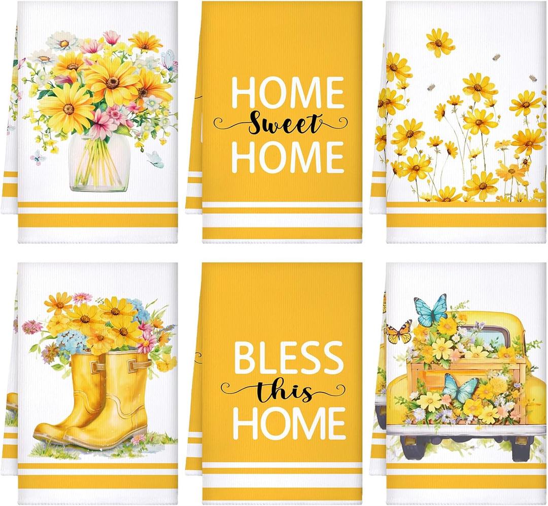 Boyiee Set of 6 Yellow Flower Kitchen Towels Decorative Floral Tea Towels Absorbent Home Dish Towels 24 x 16 Inch Truck Reusable Hand Towel Housewarming Gift for Farmhouse Kitchen Bathroom Decoration (Yellow Flower)