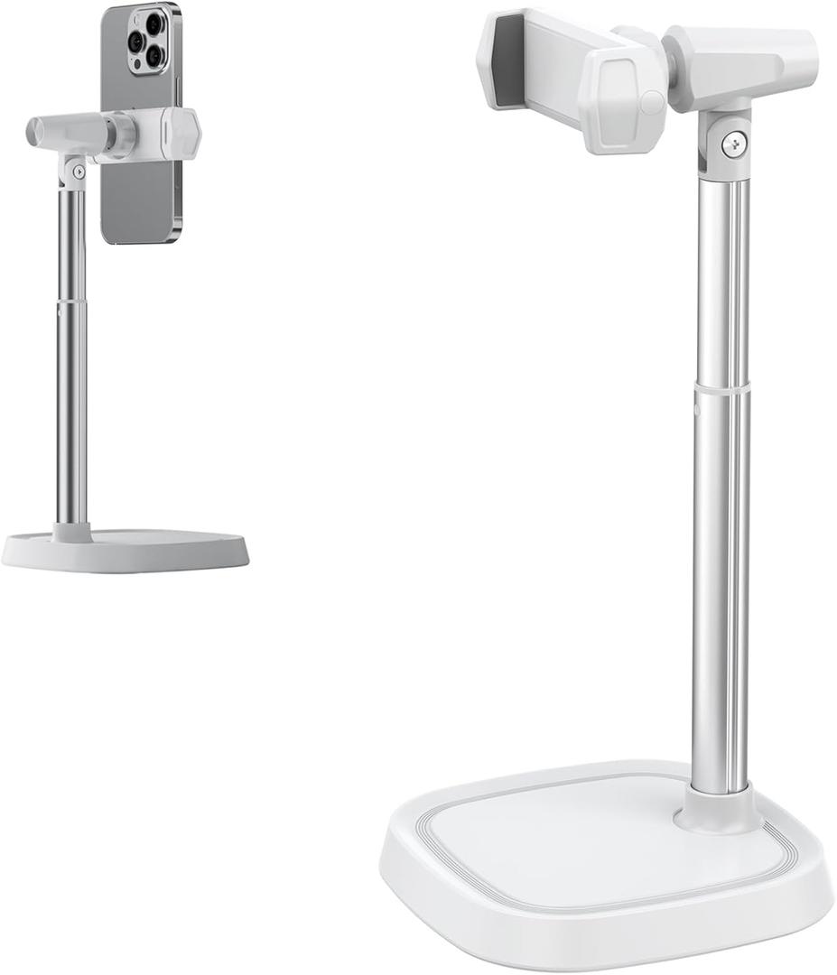 Height Adjustable Phone Stand for Desk, Retractable Desktop Phone Holder, 180 Flip & 360 Rotation DesignCompatible with iPhone/Android Devices,Ideal for Live Streaming and Video Recording (White)