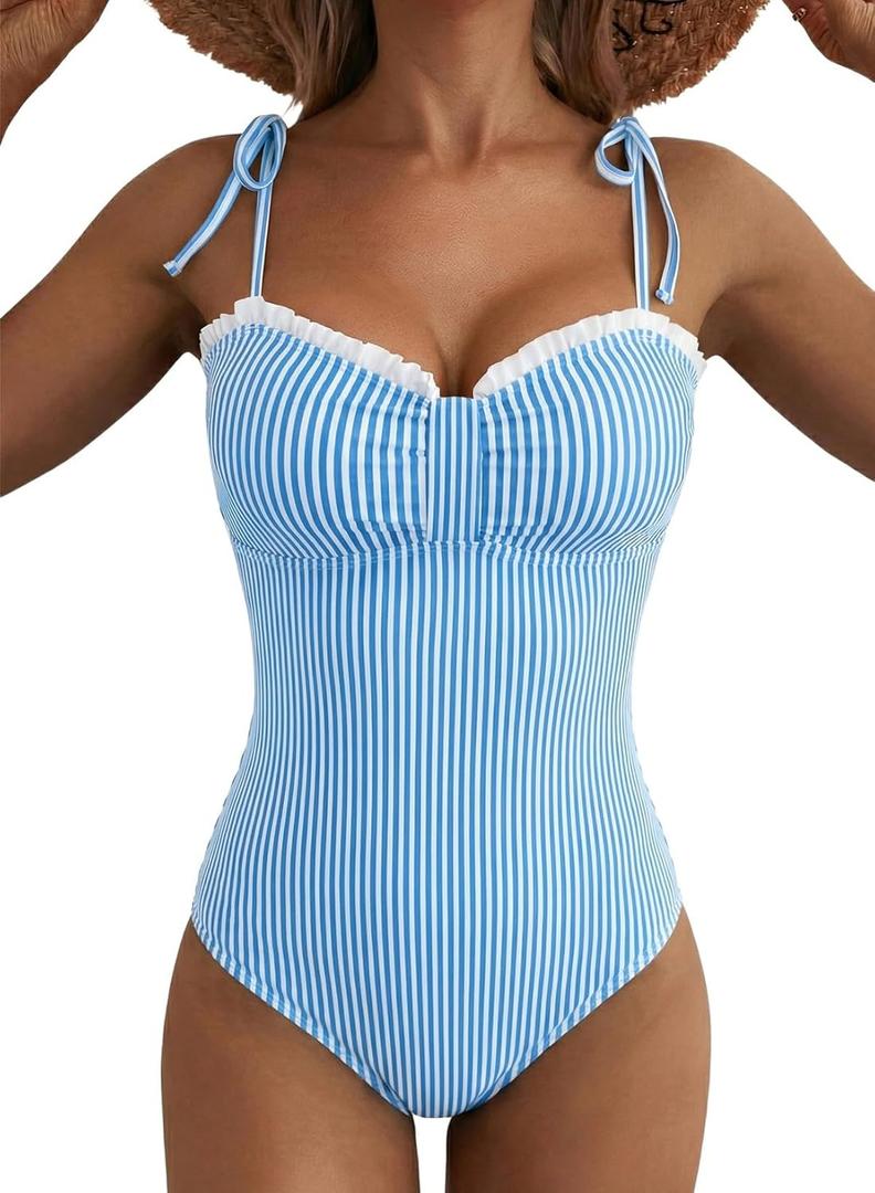 Herseas Womens Striped One Piece Swimsuits Tie Shoulder High Cut Tummy Control Bathing Suit 2026 Summer Beach Swimwear (Large, Sky Blue Stripe)