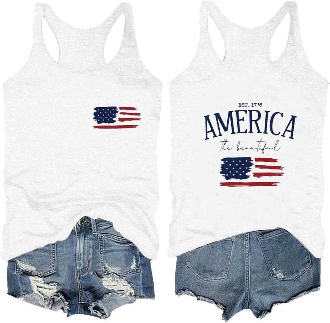 Women's 4th of July Outfits USA Shirt Memorial Day Red White and Blue Patriotic Shirts American Flag Graphic Tops (Medium, Tank-white-2)